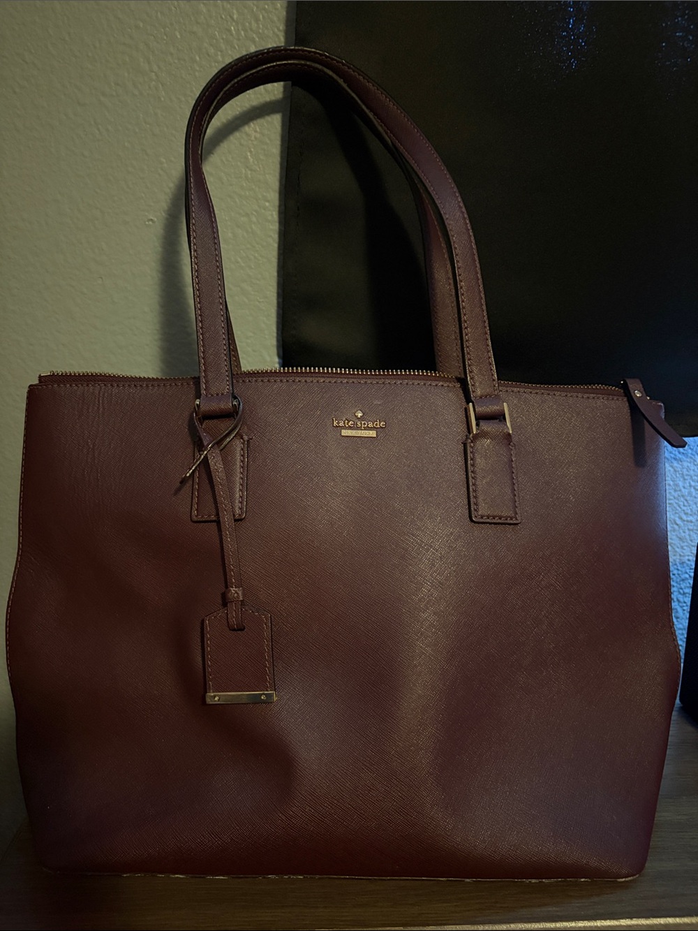 kate spade Burgundy Leather Tote with Gold Logo
